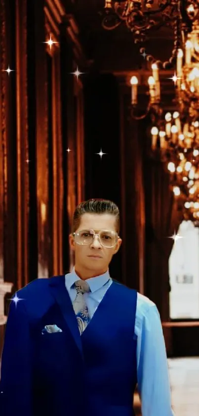 Elegant hallway with chandelier and stylish figure in blue attire.