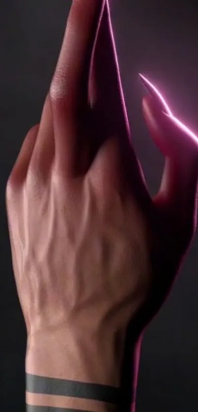 Elegant hand with glowing pink edges on a dark background.