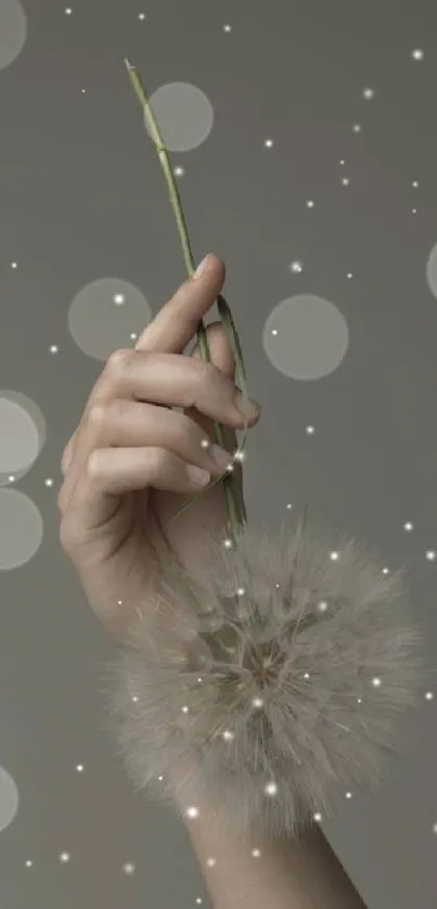 Minimalist wallpaper featuring a hand holding a dandelion against a gray background.