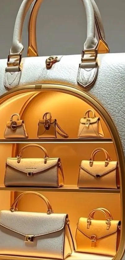 Elegant handbag display with golden lighting.