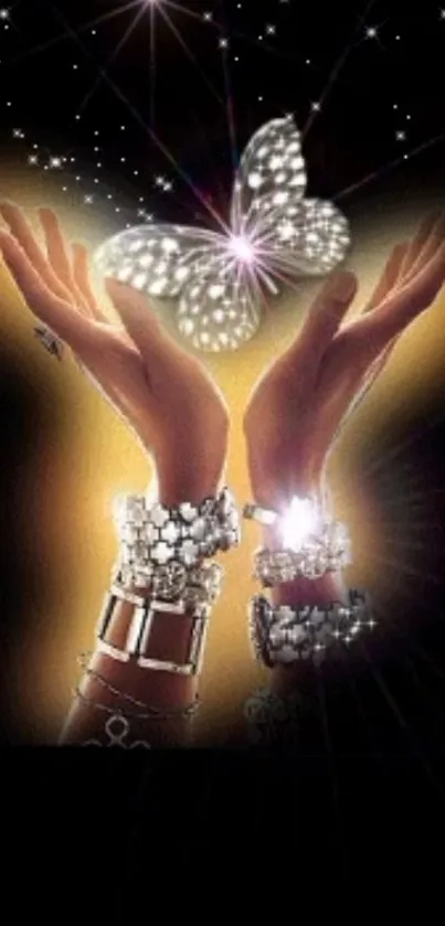 Hands releasing a butterfly with sparkling stars and jewelry in black and gold.