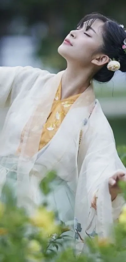 Elegant woman in Hanfu surrounded by nature.