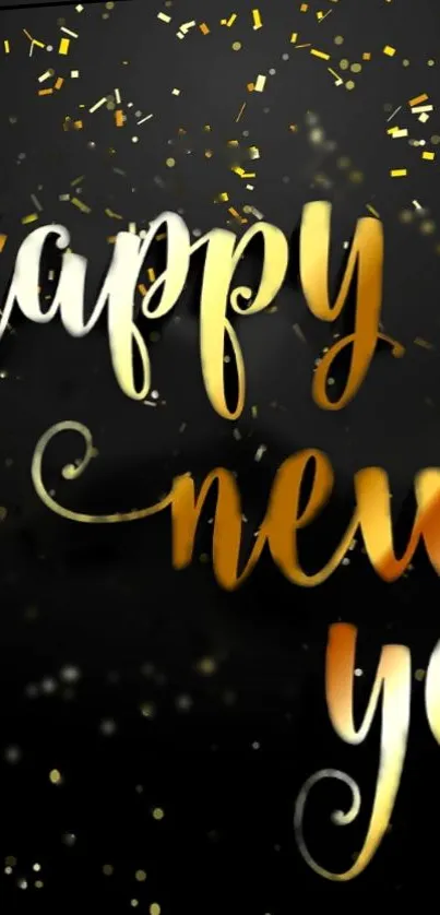 Black and gold Happy New Year wallpaper with confetti and calligraphy.