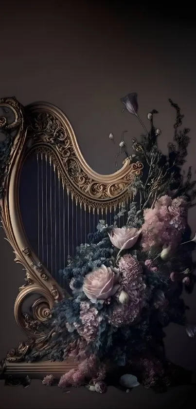 Elegant harp and floral arrangement wallpaper.