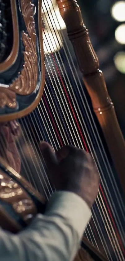 Closeup of a harp being played in an elegant setting.