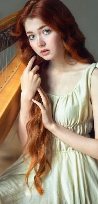 Woman with long red hair and harp in elegant pose with serene background.