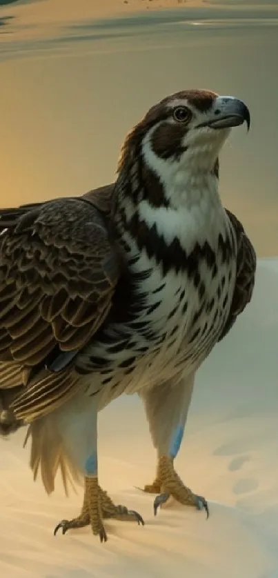 Hawk with brown feathers on a beige background