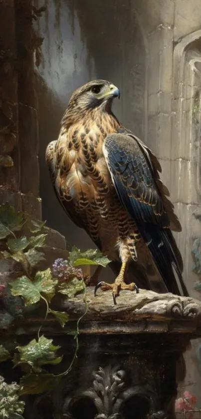 A majestic hawk perched on a stone ledge surrounded by natural elements.