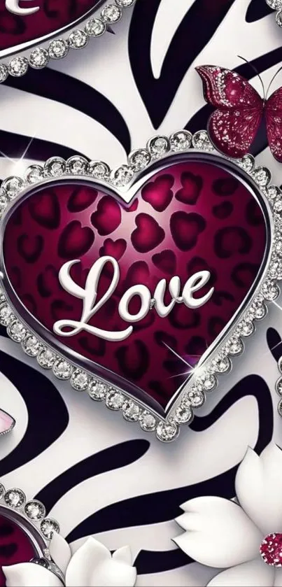Elegant wallpaper with heart, butterflies, and jewels.
