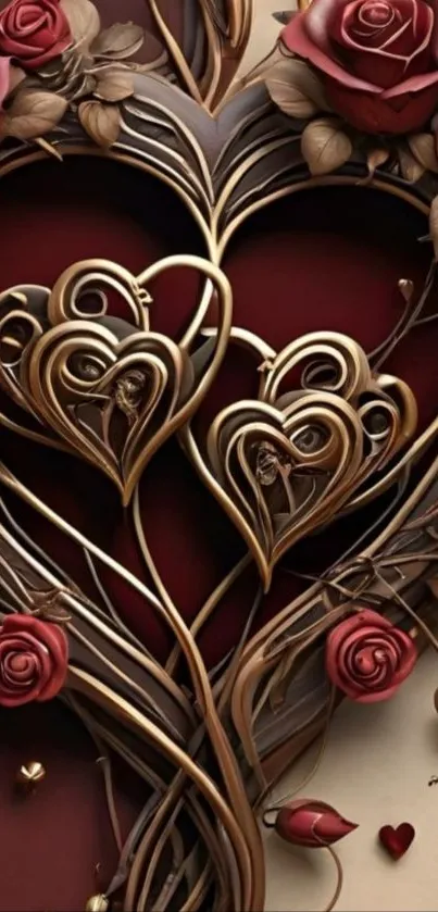 Elegant golden hearts and roses wallpaper with a romantic theme.