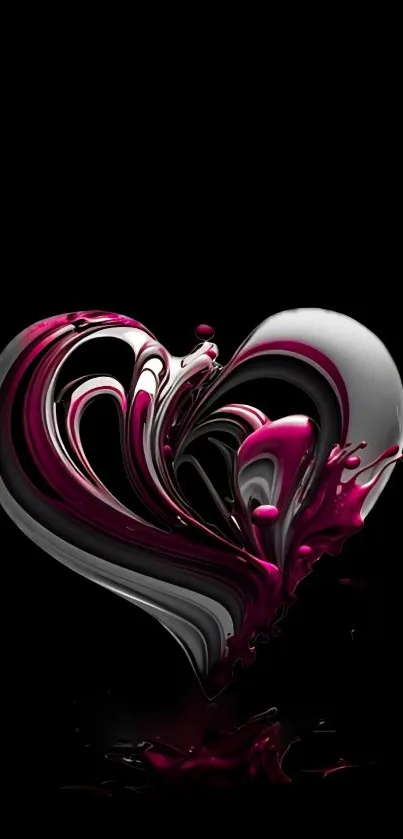 Heart-shaped abstract design with elegant pink and black swirls on a dark background.