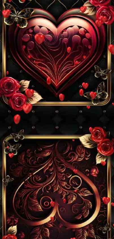 Elegant heart and ace design with roses and butterflies on black wallpaper.