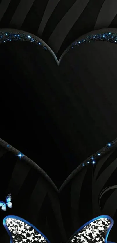 Black wallpaper with heart and butterflies decorated with blue glitter.