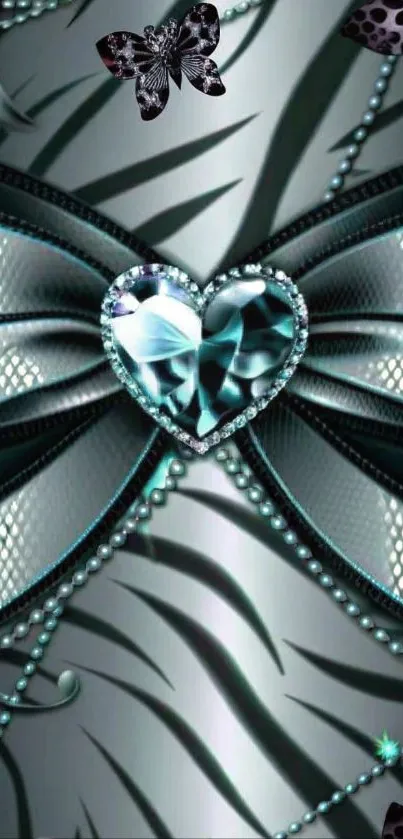 Elegant heart and butterflies wallpaper with zebra patterns.