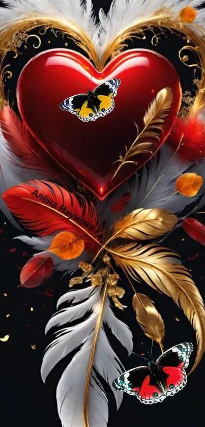 Elegant wallpaper featuring a red heart with butterflies and golden feathers.