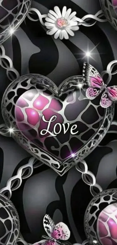 Heart and butterfly design with pink and gray tones.