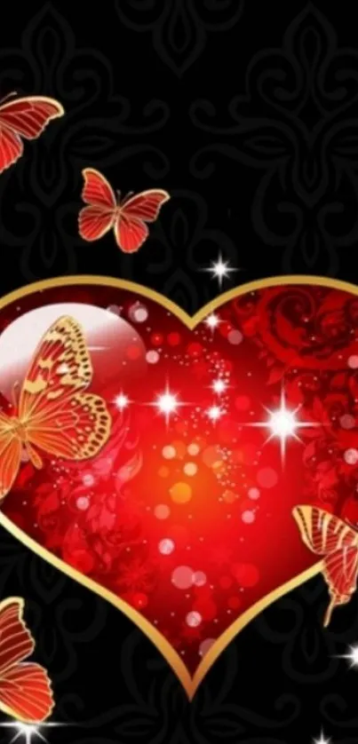 Elegant mobile wallpaper with red heart and butterflies on black background.