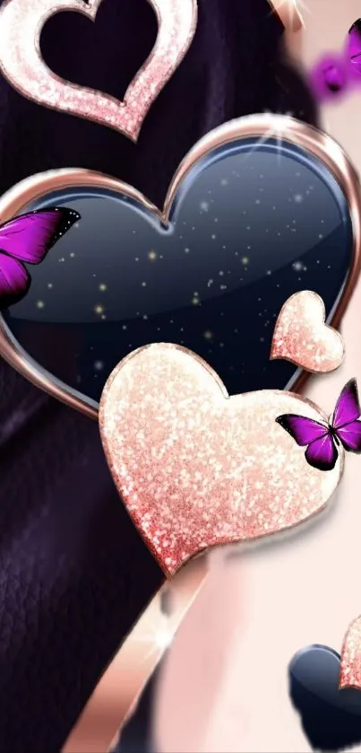 Pink hearts and butterflies on a dark background with glitter accents.