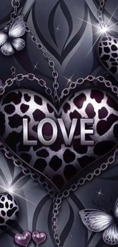 Heart and butterfly wallpaper with leopard pattern and love theme.