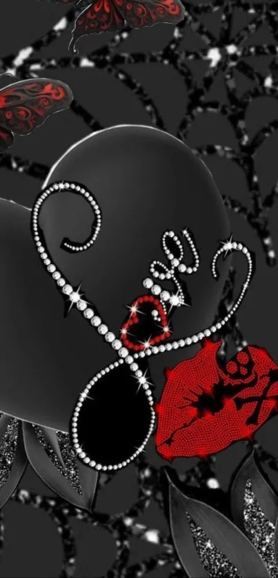Black heart with red butterfly and flowers, elegant design