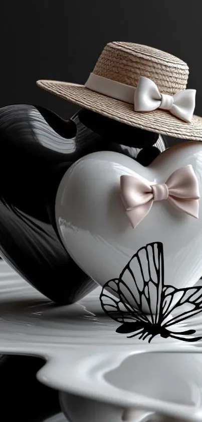 Black and white hearts with butterfly and hat art.