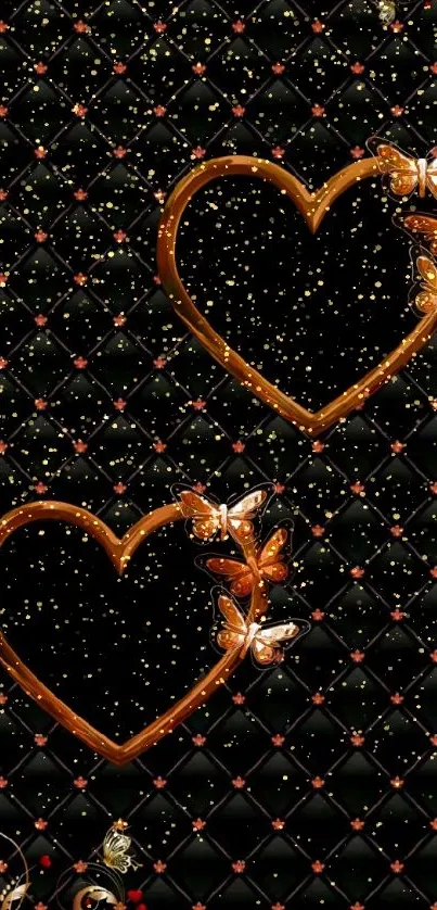 Elegant black wallpaper with hearts and butterflies.