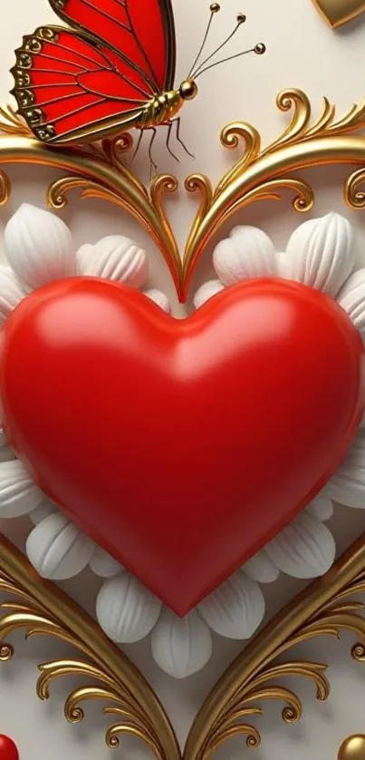 3D red heart with butterfly and golden patterns.