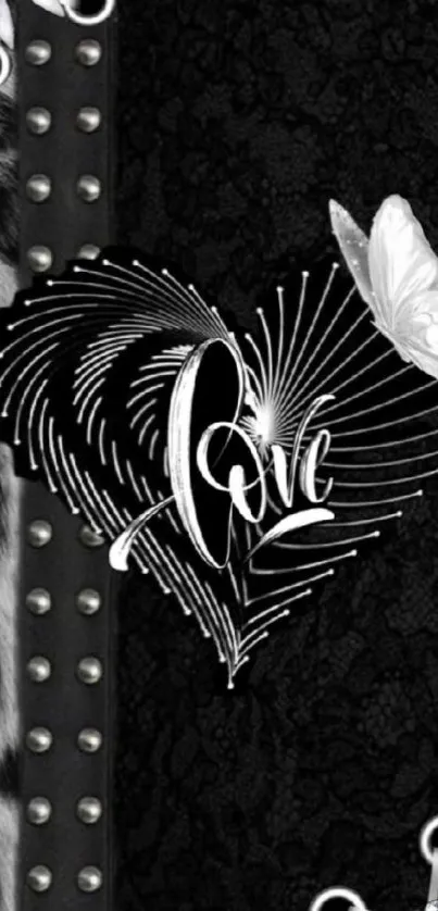 A black heart design with a white butterfly on a textured background.