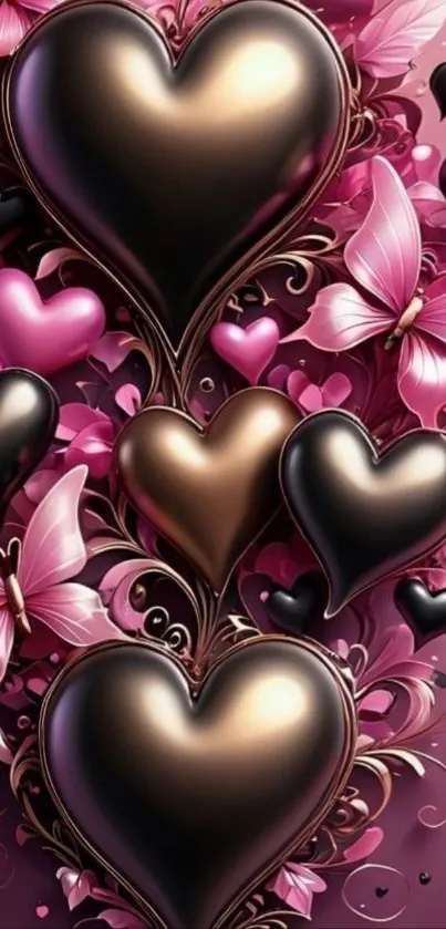 Elegant hearts and butterflies design on burgundy background.