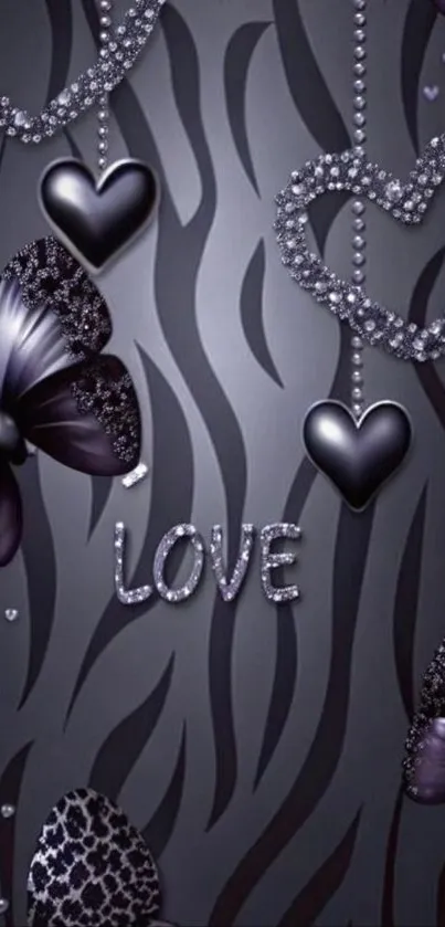 Elegant wallpaper with hearts and butterflies on dark background.