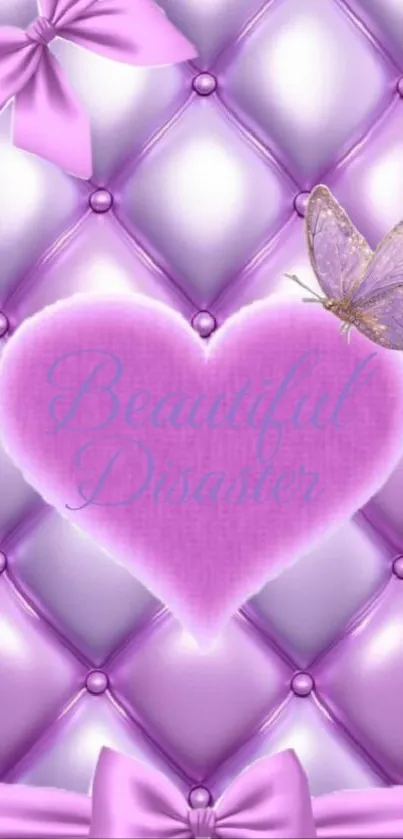 Purple heart with butterfly and ribbons wallpaper.
