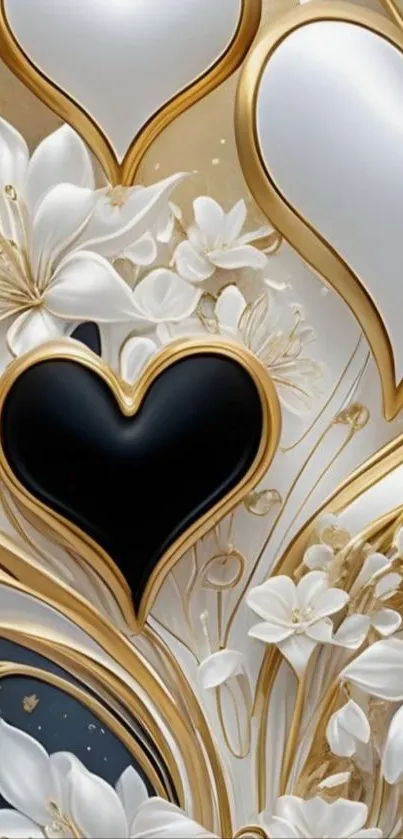 Artistic wallpaper with hearts, flowers, and gold accents.