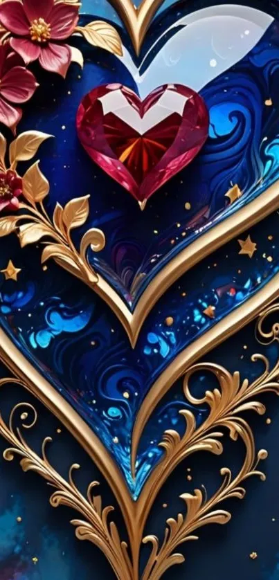 Elegant mobile wallpaper with heart and floral design on blue background.