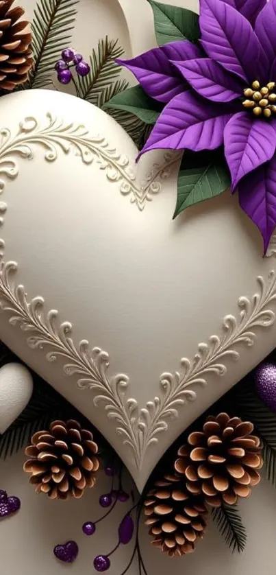 Elegant heart and purple floral wallpaper with pine cones.