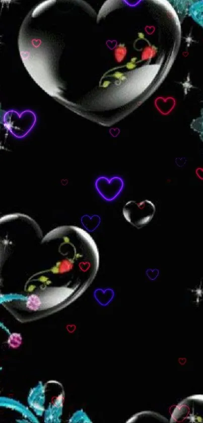 Glossy heart and floral design wallpaper with black background.