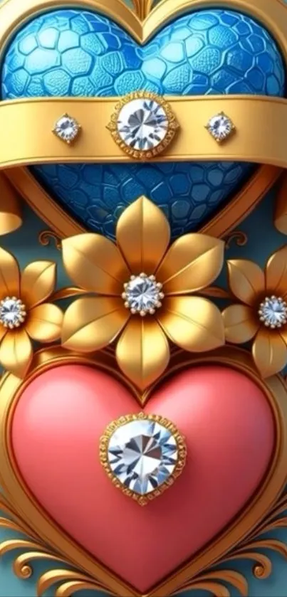 Vibrant wallpaper with hearts and floral designs in blue and gold tones.