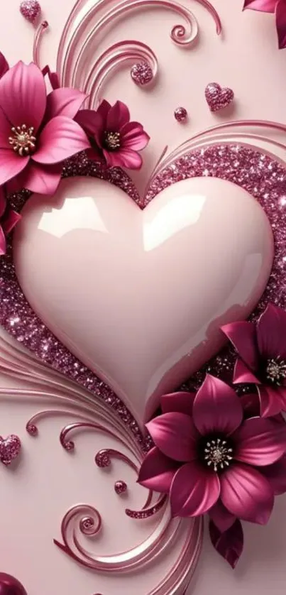 Elegant heart with pink flowers and intricate design.