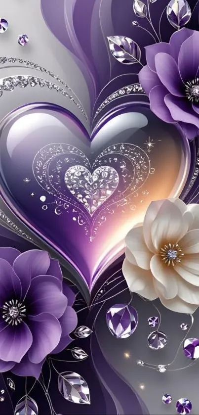 Heart with purple flowers and jewels design.