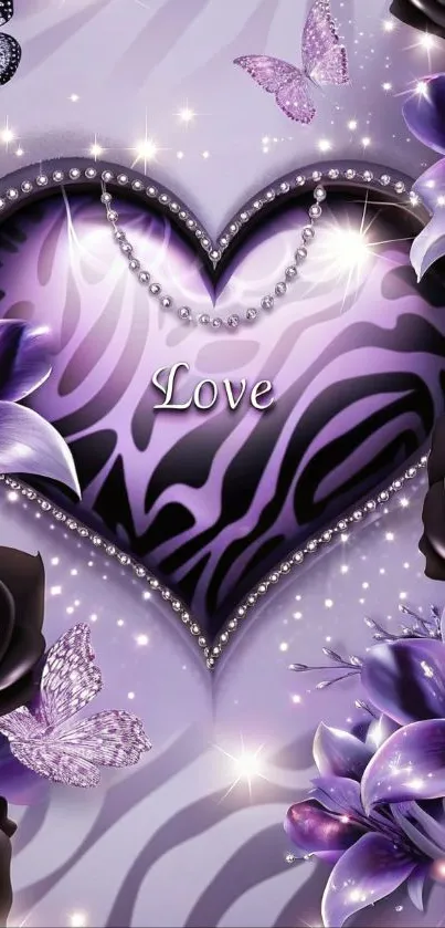 Romantic wallpaper with a heart and purple flowers.