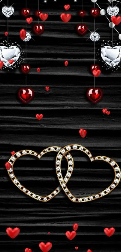 Two intertwined hearts with jewels on black background.