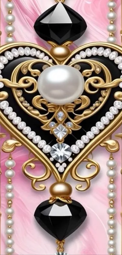 Luxurious heart-shaped design with pearls and gold details on a pink background.