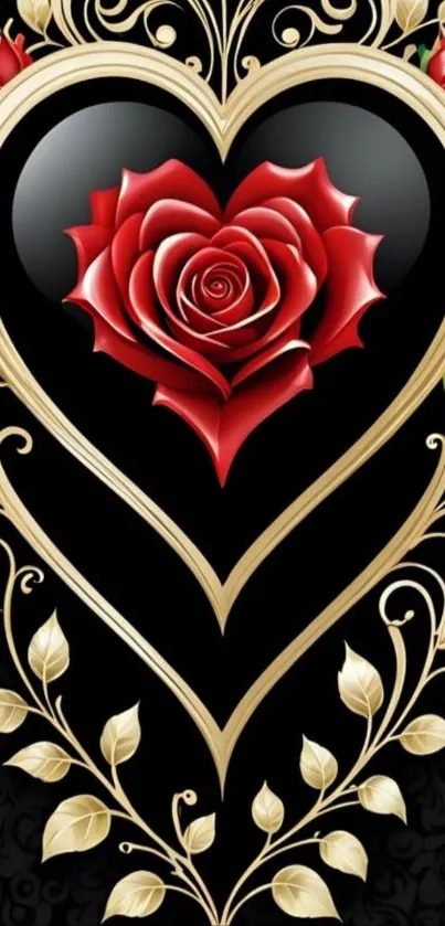 Black heart with red roses and golden decor.