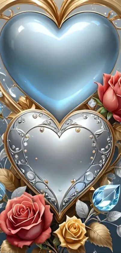 Elegant heart and roses mobile wallpaper.