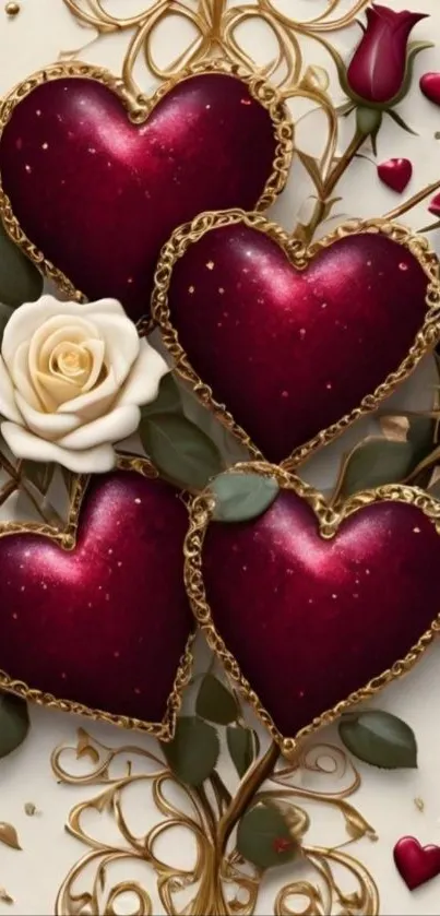 Luxurious wallpaper with heart and rose patterns.