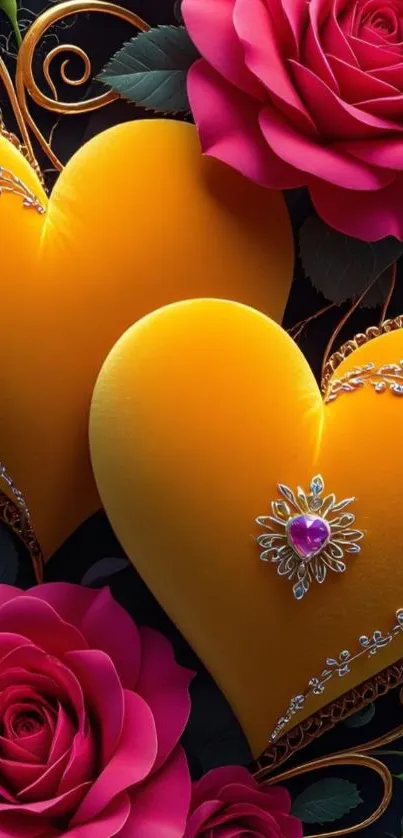 Golden hearts with pink roses and jewels on a mobile wallpaper.