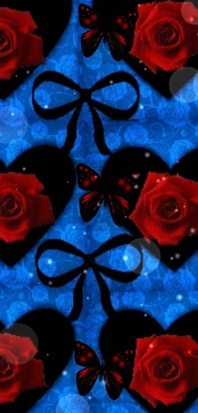 Romantic wallpaper with red roses and black hearts on a blue background.