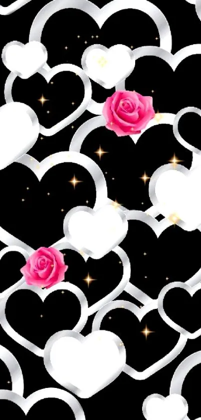 Mobile wallpaper with white hearts and pink roses on black background.