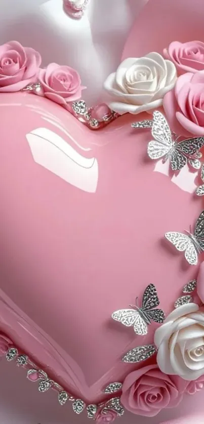 Pink heart with roses and silver butterflies wallpaper.
