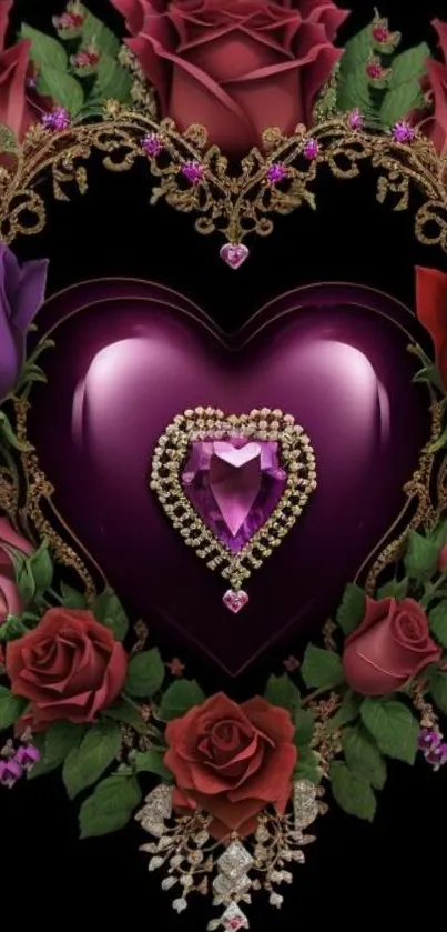 Purple jeweled heart surrounded by red and purple roses.