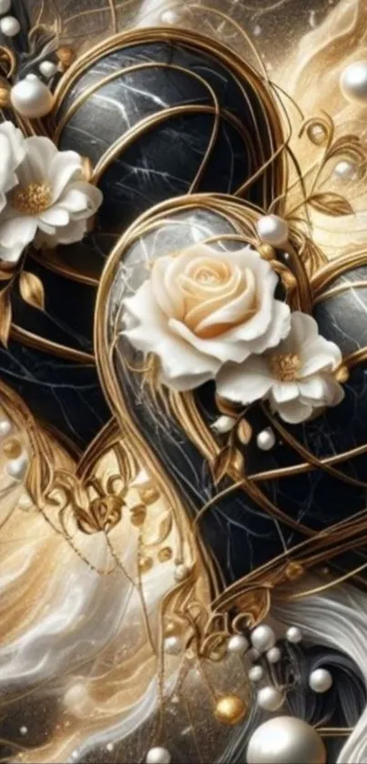 Elegant wallpaper with hearts, roses, and gold accents.